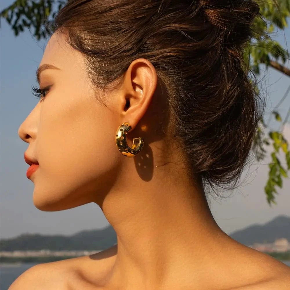 E1892 Unique Stainless Steel Gold Plated Earrings Women Luxury Big Hoop Hollow CC Earring Cuff