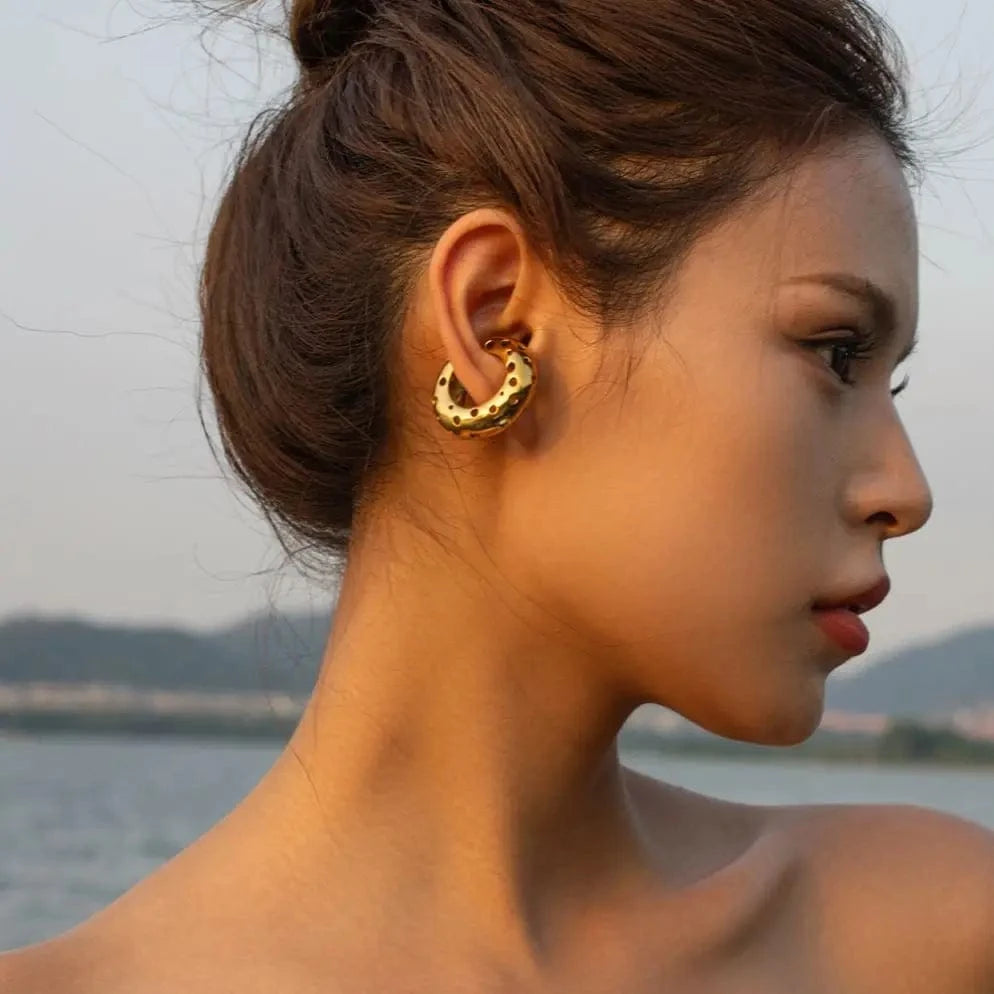 E1892 Unique Stainless Steel Gold Plated Earrings Women Luxury Big Hoop Hollow CC Earring Cuff
