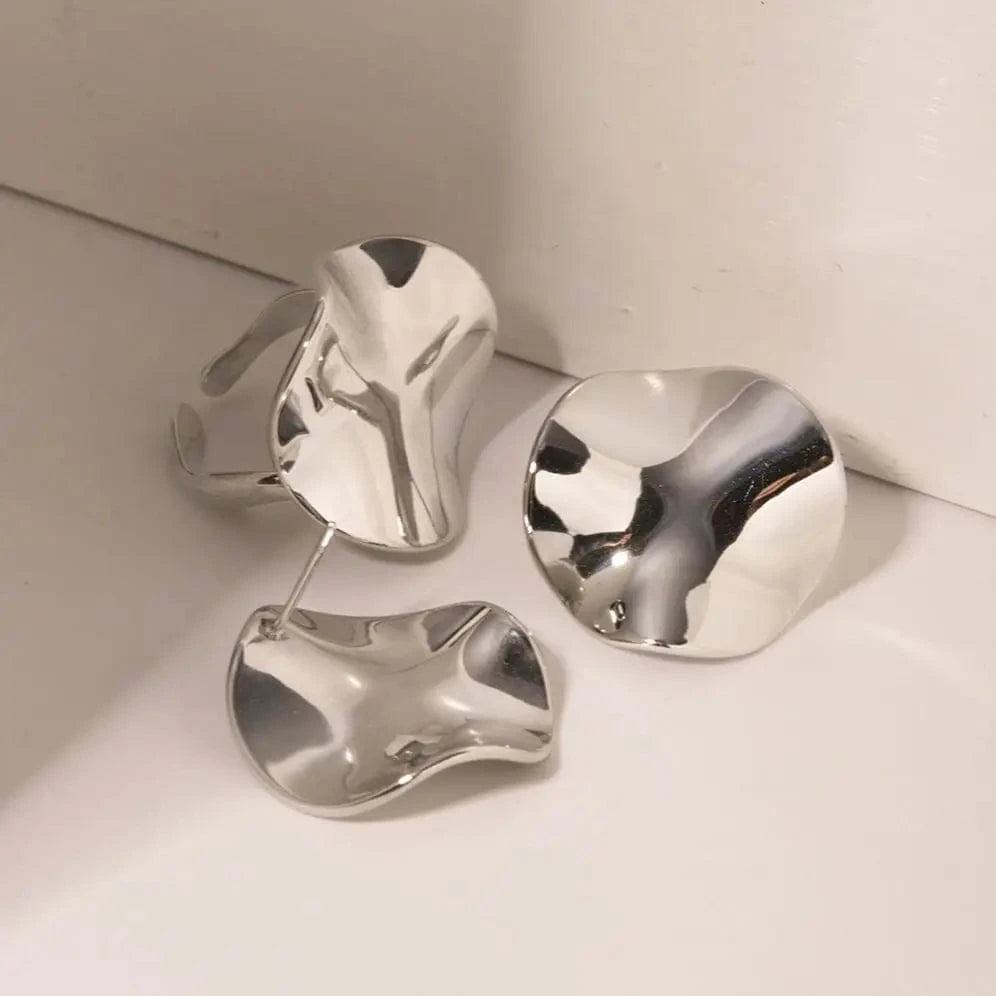 E1907 New Geometric Pleated Texture Stud Earrings Stainless Steel Abstract Earrings Adjustable Ring Set