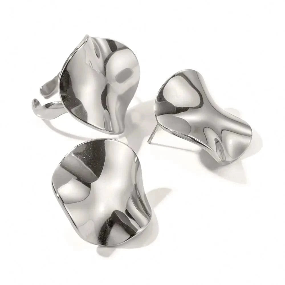 E1907 New Geometric Pleated Texture Stud Earrings Stainless Steel Abstract Earrings Adjustable Ring Set