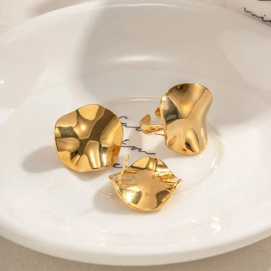 E1907 New Geometric Pleated Texture Stud Earrings Stainless Steel Abstract Earrings Adjustable Ring Set