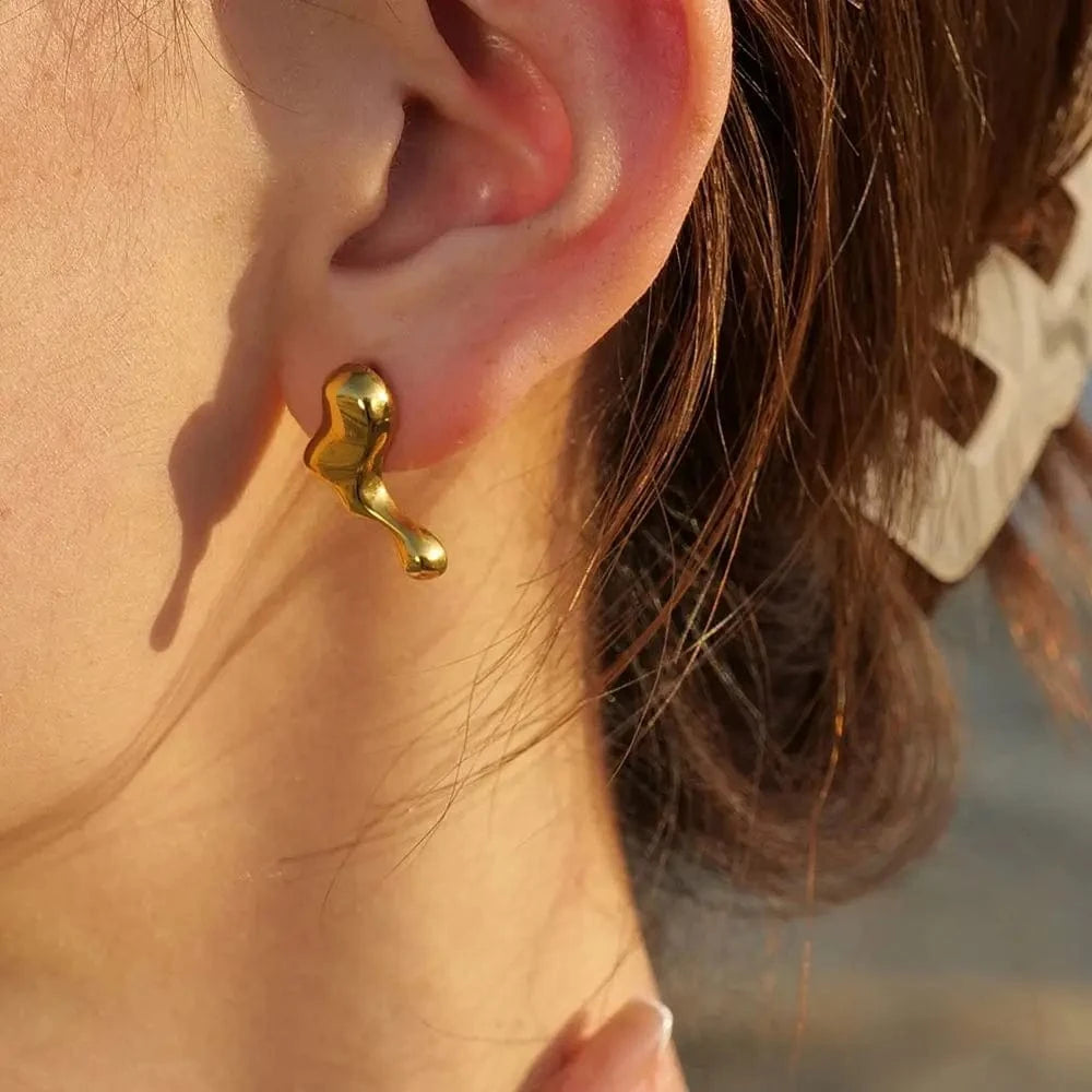 E2087 18k Gold Plated Stainless Steel Irregular WaterDrop Asymmetric Melting Ice Design Stud Earring