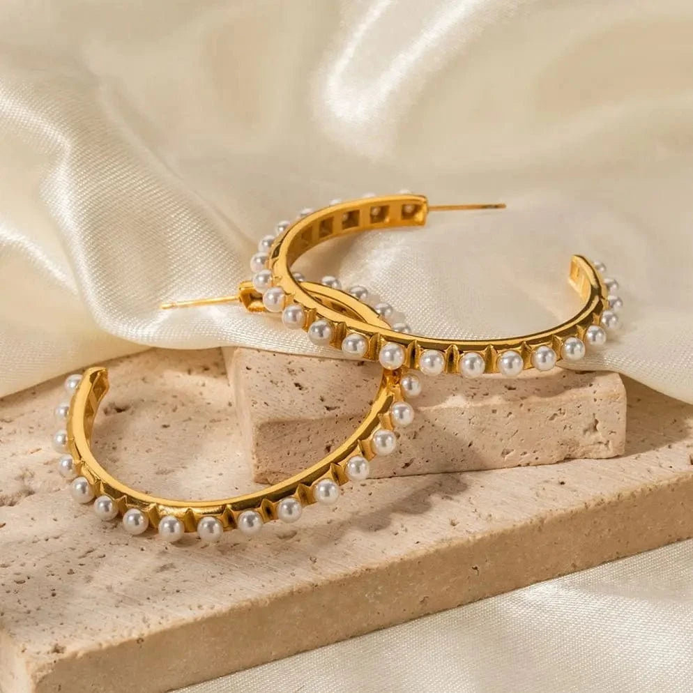 E2088 Chunky Zircon Pearl Huge Hoop Earring 18k PVD Real Gold Plated Stainless Steel Luxury Earring For Women