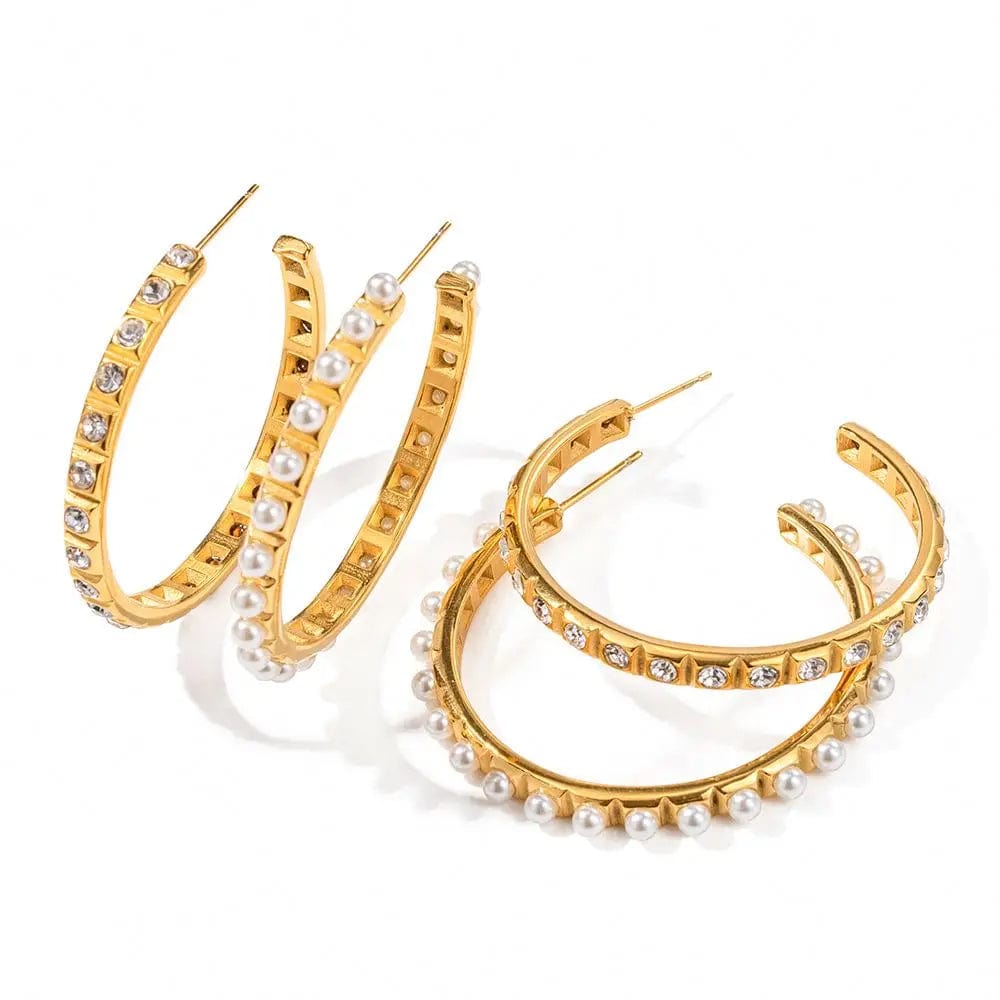 E2088 Chunky Zircon Pearl Huge Hoop Earring 18k PVD Real Gold Plated Stainless Steel Luxury Earring For Women