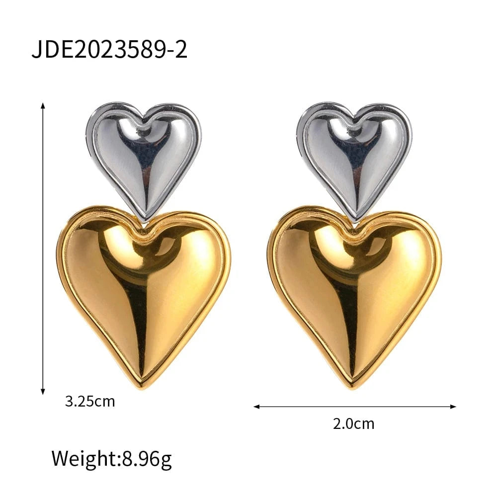 E2098-2 E2098 Trendy 18K Stainless Steel Gold Silver Plated Smooth Love Drop Jewelry Statement Double Heart Earrings