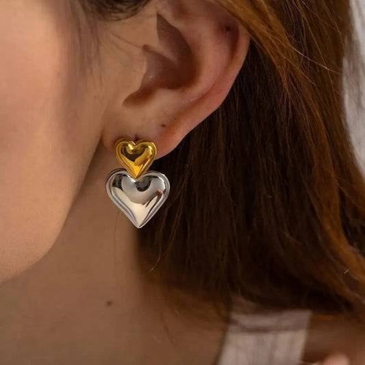 E2098 Trendy 18K Stainless Steel Gold Silver Plated Smooth Love Drop Jewelry Statement Double Heart Earrings