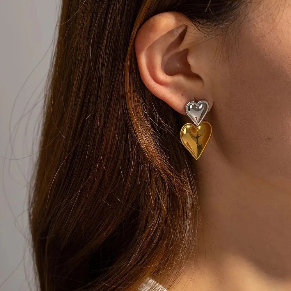 E2098 Trendy 18K Stainless Steel Gold Silver Plated Smooth Love Drop Jewelry Statement Double Heart Earrings
