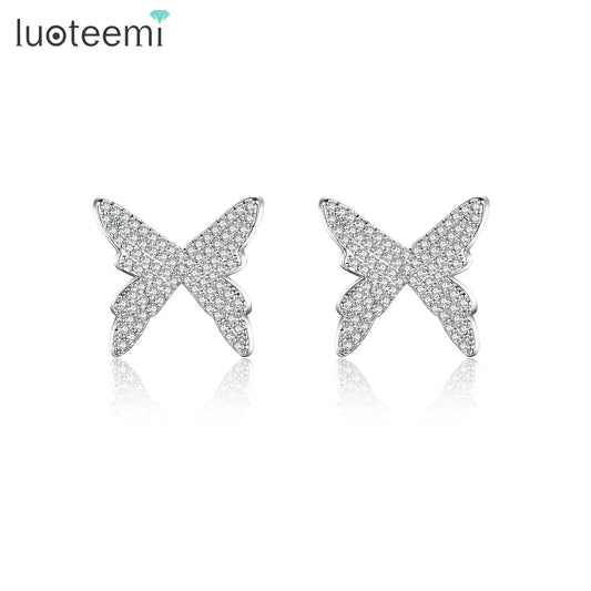 E21011715 LUOTEEMI Butterfly Vintage Custom Statement Woman Micro Diamond Bohemian Cubic Zirconia Large Earring Stud