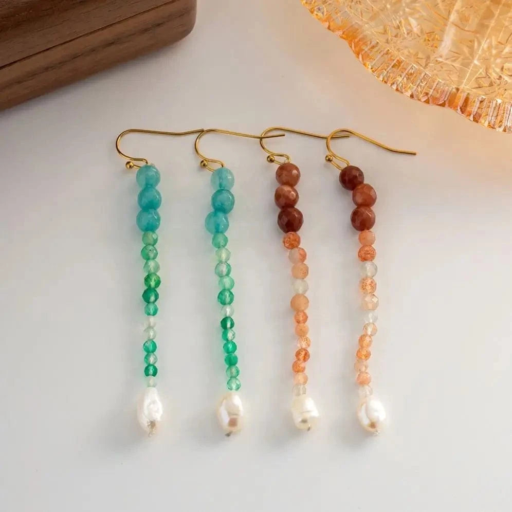 E2154 Dainty Freshwater Pearl Turquoise Tiger Eye Stone 18K Gold Plated Stainless Steel Drop Earring