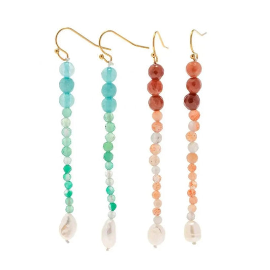 E2154 Dainty Freshwater Pearl Turquoise Tiger Eye Stone 18K Gold Plated Stainless Steel Drop Earring
