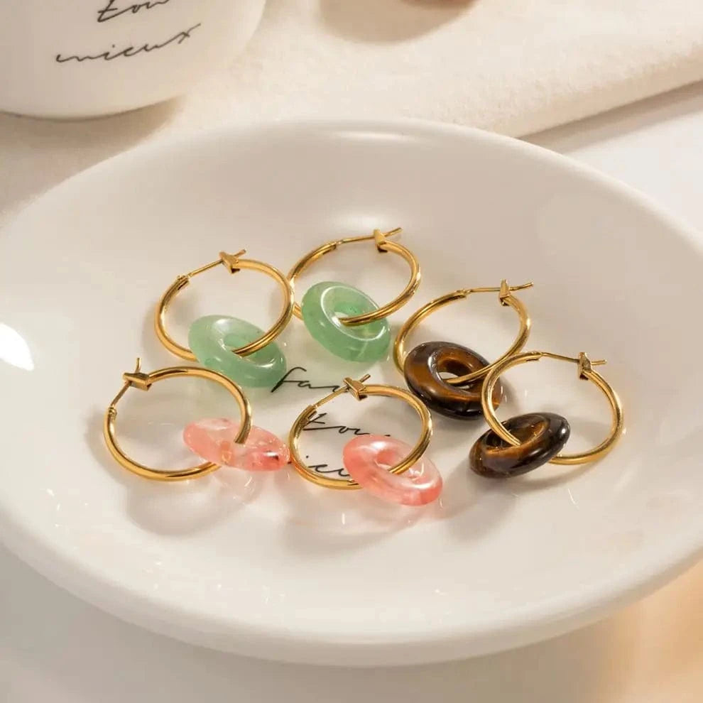 E2170 New Arrival Stainless Steel Rose Quartz Round Concentric Circle Green Tiger Eye Stone Hoop Earring