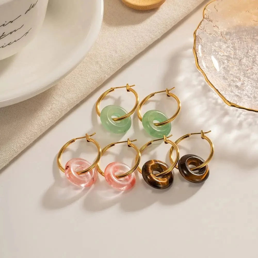 E2170 New Arrival Stainless Steel Rose Quartz Round Concentric Circle Green Tiger Eye Stone Hoop Earring