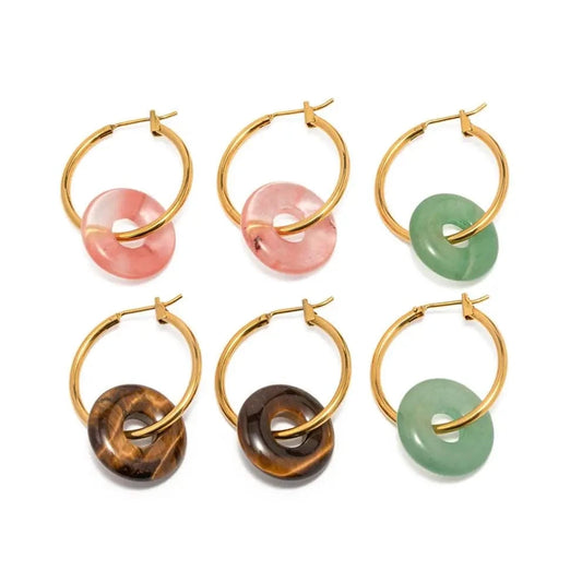 E2170 New Arrival Stainless Steel Rose Quartz Round Concentric Circle Green Tiger Eye Stone Hoop Earring