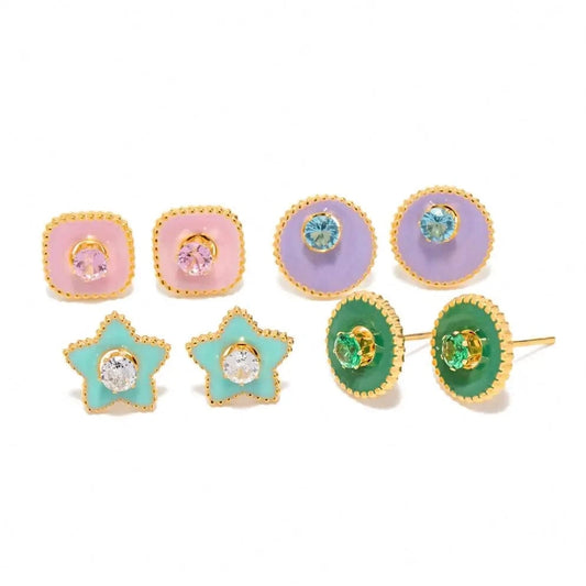 E2172 Dainty Color Earring Stainless Steel Gold Plated Enamel Star Round Zircon Stud Earring for Girls