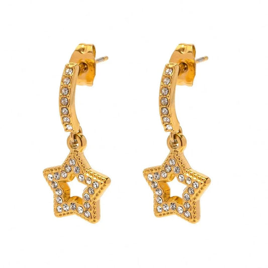 E2174 E2174 18K Gold Plated Stainless Steel Jewelry Gift White Full Cubic Zirconia Five-pointed Star Pendant Earrings