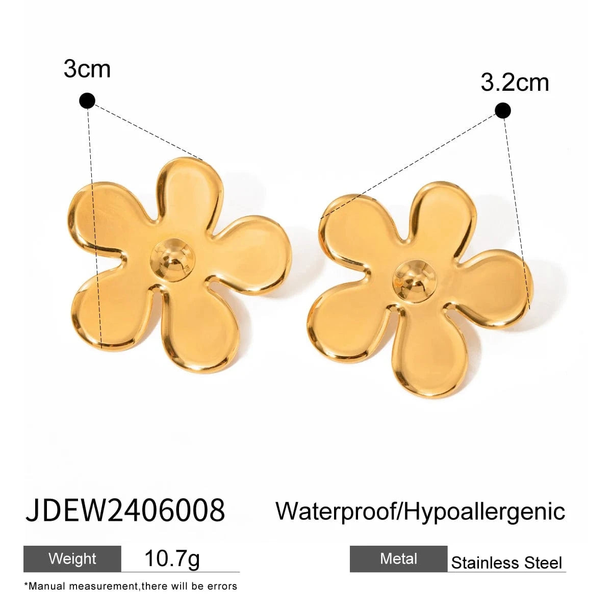 E2183 E2183 18K Gold Plated Stainless Steel Smooth Flower Earrings Hypoallergenic Tarnish-Free Jewelry