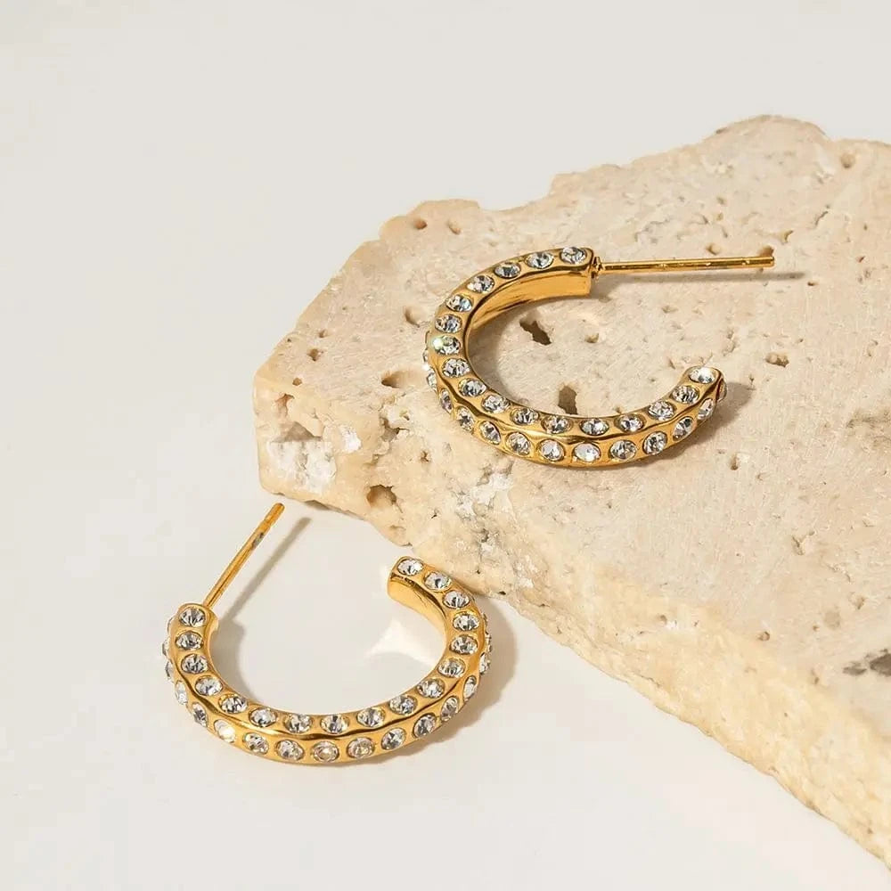E2186 E2186 Waterproof 18K Gold Plated CZ Stone Earring Stainless Steel Pave Clear Cubic Zirconia CC Hoop Earring for Girls