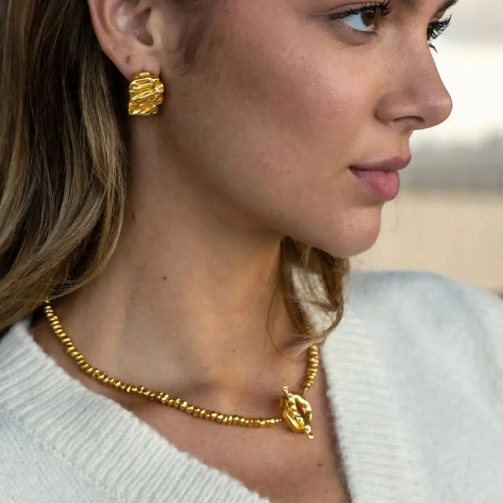 E2190 E2190 18k Gold Plated Stainless Steel Jewelry Retro Lava Geometric Texture CC Shaped Earrings for Women