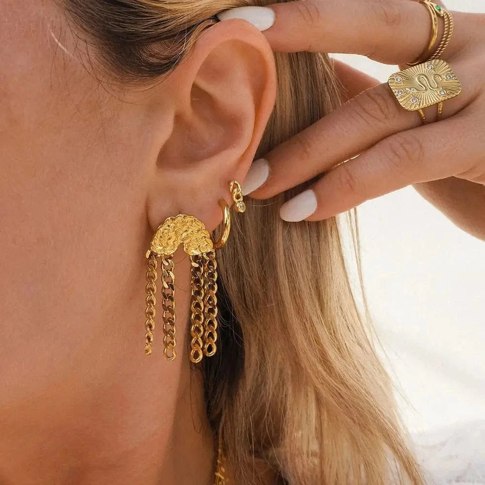 E2215 E2215 New Arrival 18K Gold Plated Texture Chain Earring Stainless Steel Cuban Chain Tassel Earring