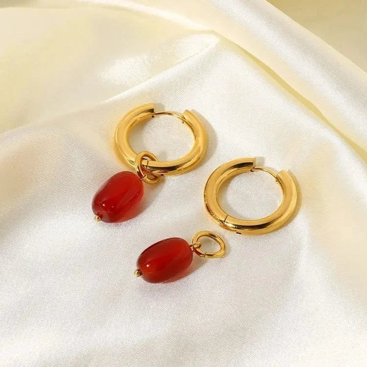 E2244 18k Gold Plated Stainless Steel Hoop Huggie Freshwater Pearl Natural Opal stone agate Drop earrings