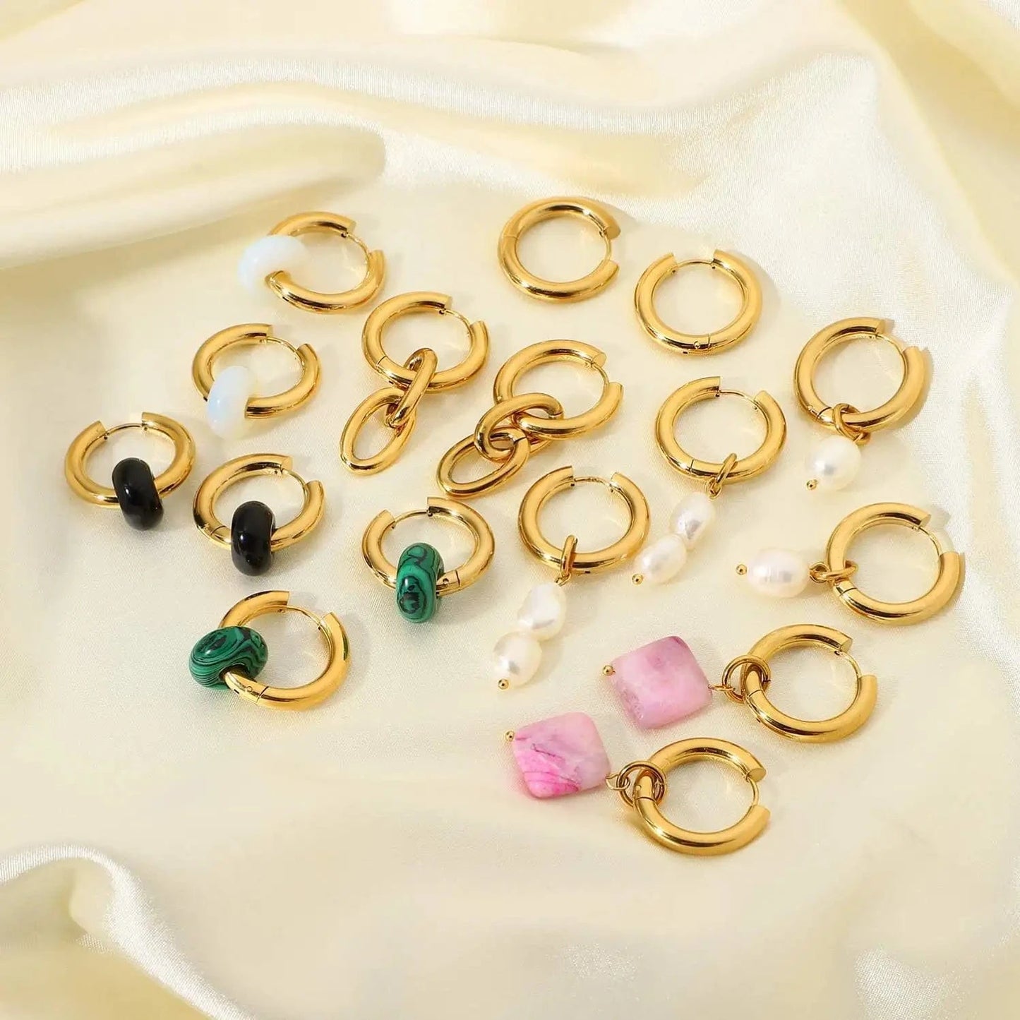 E2244 18k Gold Plated Stainless Steel Hoop Huggie Freshwater Pearl Natural Opal stone agate Drop earrings