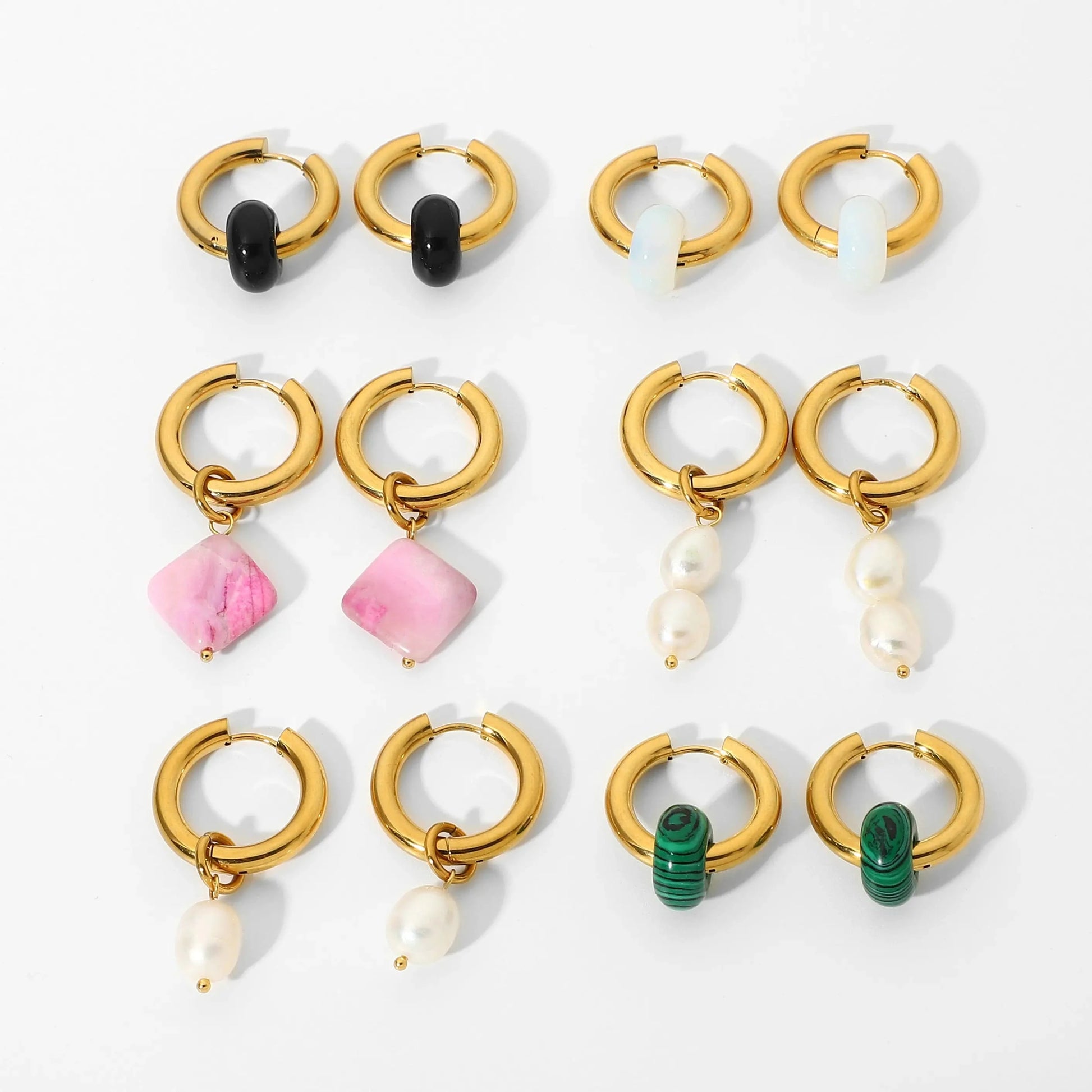 E2244 18k Gold Plated Stainless Steel Hoop Huggie Freshwater Pearl Natural Opal stone agate Drop earrings