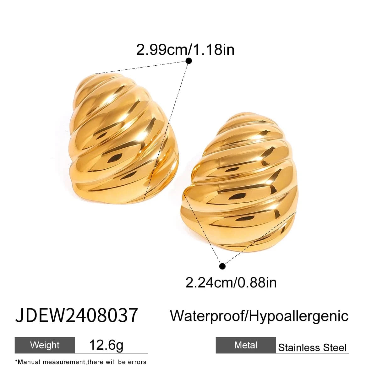 E2426 Jewelry Ins Popular 18k Gold Stainless Steel Geometric Glossy Ribbed Convex Chubby Earrings