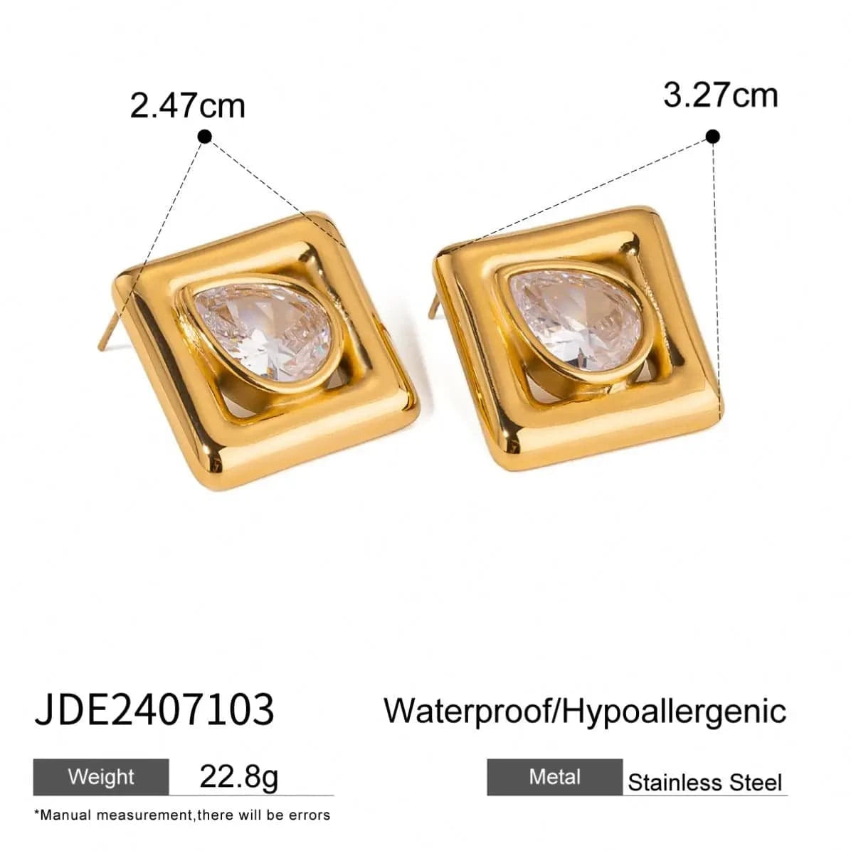 E2433 18k Gold Stainless Steel Waterdrop White Zirconia Square Triangle Stylish Unique Chic Jewelry Earrings Elegant