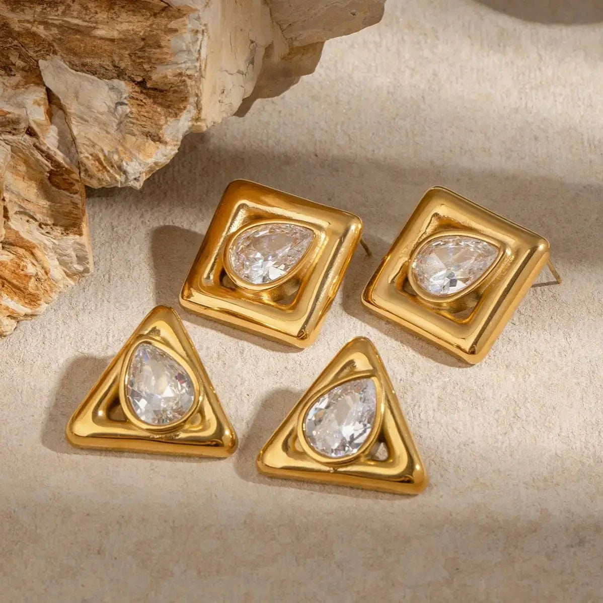 E2433 18k Gold Stainless Steel Waterdrop White Zirconia Square Triangle Stylish Unique Chic Jewelry Earrings Elegant