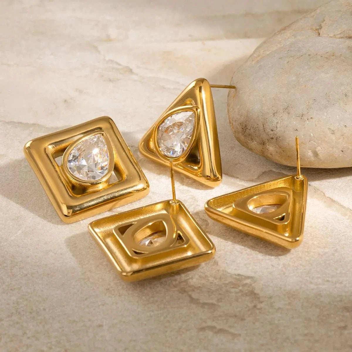 E2433 18k Gold Stainless Steel Waterdrop White Zirconia Square Triangle Stylish Unique Chic Jewelry Earrings Elegant