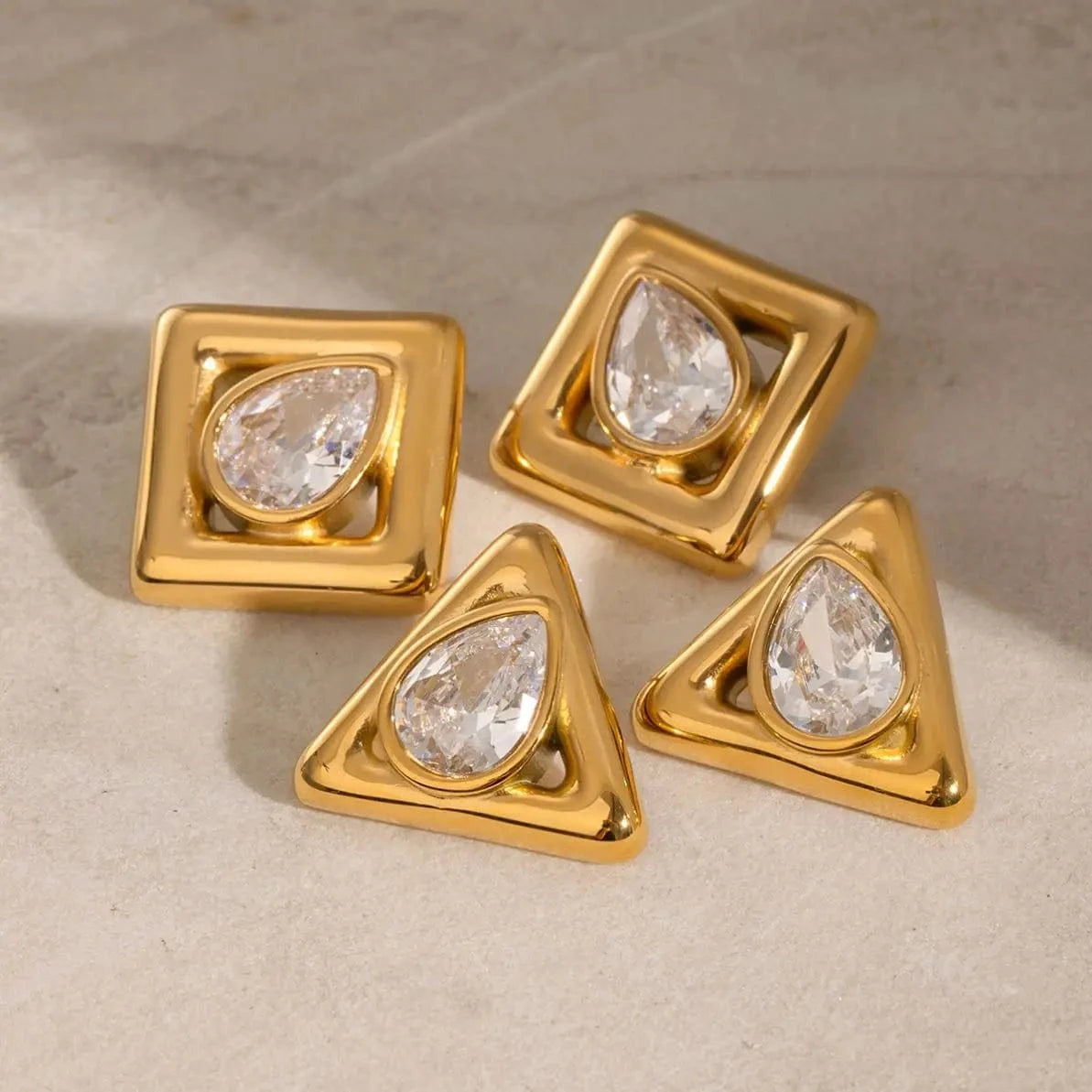 E2433 18k Gold Stainless Steel Waterdrop White Zirconia Square Triangle Stylish Unique Chic Jewelry Earrings Elegant