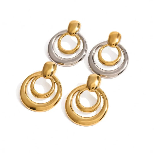 E2440 Fashion Jewelry 18K PVD Stainless Steel Gold Round Double Hollow Earrings