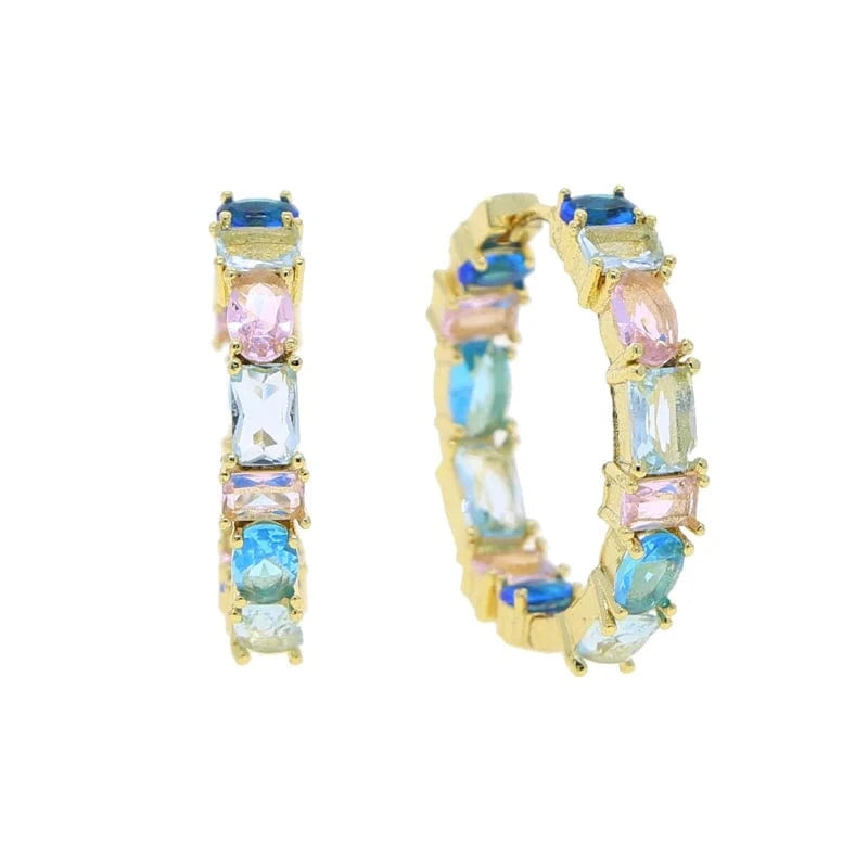 E256-Gold 30mm Red Pink Sea Blue Purple Colorful Zirconia Hoop Earring Micro Pave 5A CZ Bling Fashion Women Sea Sand Jewelry