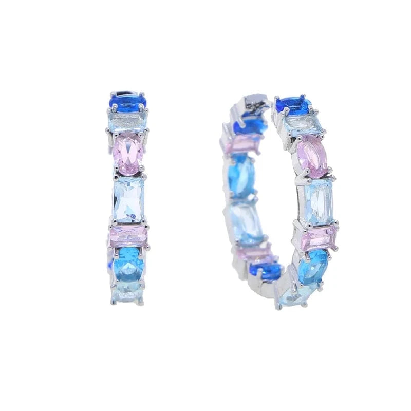 E256-Silver 30mm Red Pink Sea Blue Purple Colorful Zirconia Hoop Earring Micro Pave 5A CZ Bling Fashion Women Sea Sand Jewelry
