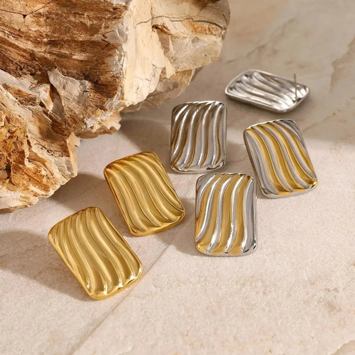 E2569 Jewelry Rectangular Two-tones Ribbing Earring 18k PVD Stainless steel Gold Plated Daily Wearing Earring