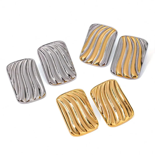 E2569 Jewelry Rectangular Two-tones Ribbing Earring 18k PVD Stainless steel Gold Plated Daily Wearing Earring
