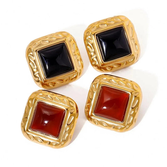 E2679 Jewelry Red Black Agate Drop Earring 18K PVD Gold Plated Stainless Steel Semi Texture Stone Earring