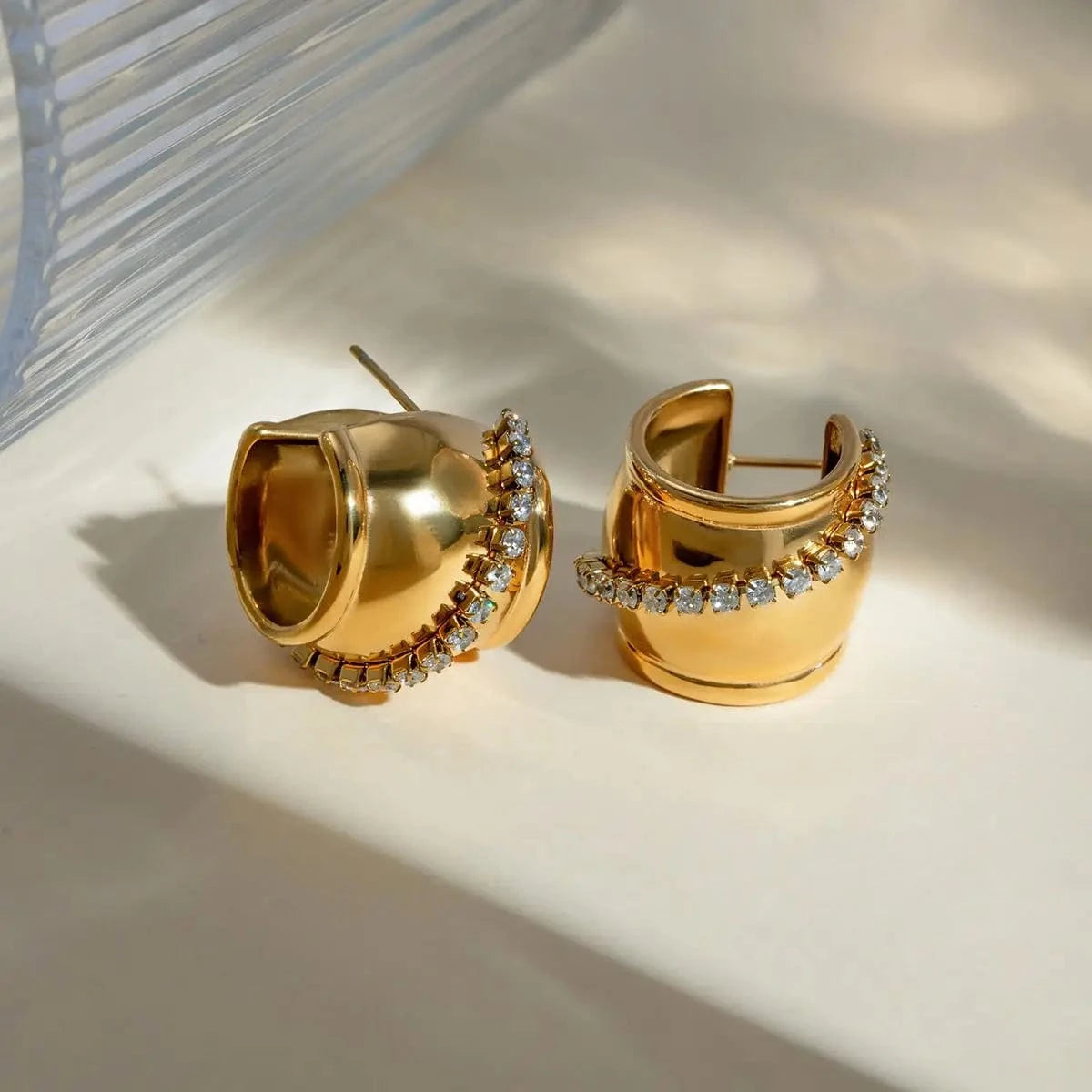E2908 E2908 Jewelry CC Hoop Earring Wedding Geometric Stainless Steel Wide C Shape Earrings with White Stone Hoop Earrings