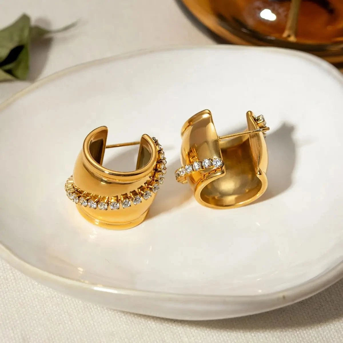 E2908 E2908 Jewelry CC Hoop Earring Wedding Geometric Stainless Steel Wide C Shape Earrings with White Stone Hoop Earrings