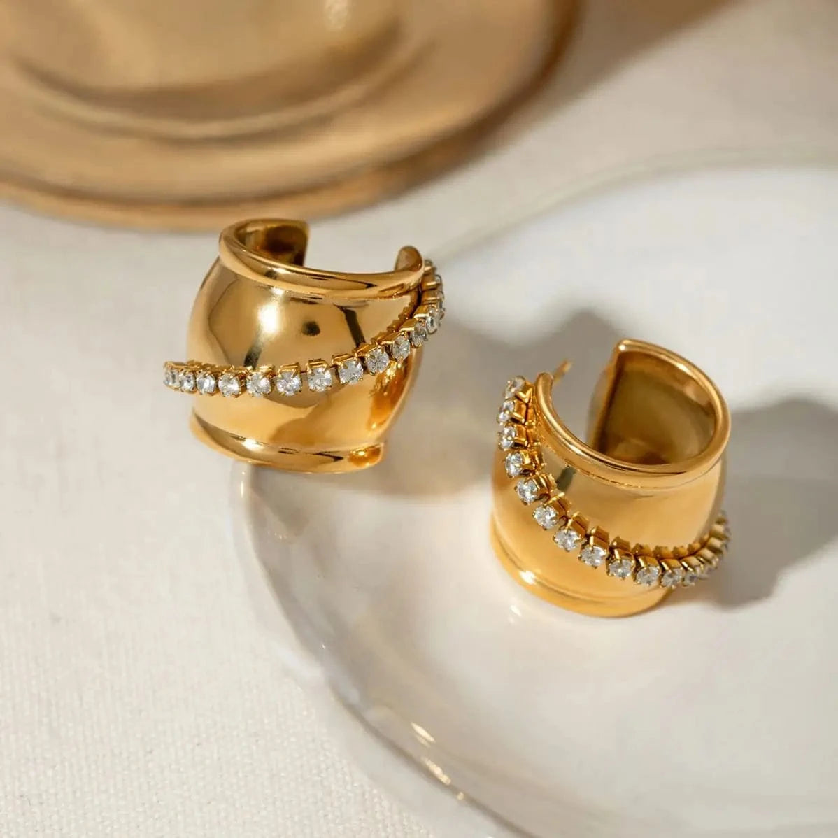 E2908 E2908 Jewelry CC Hoop Earring Wedding Geometric Stainless Steel Wide C Shape Earrings with White Stone Hoop Earrings