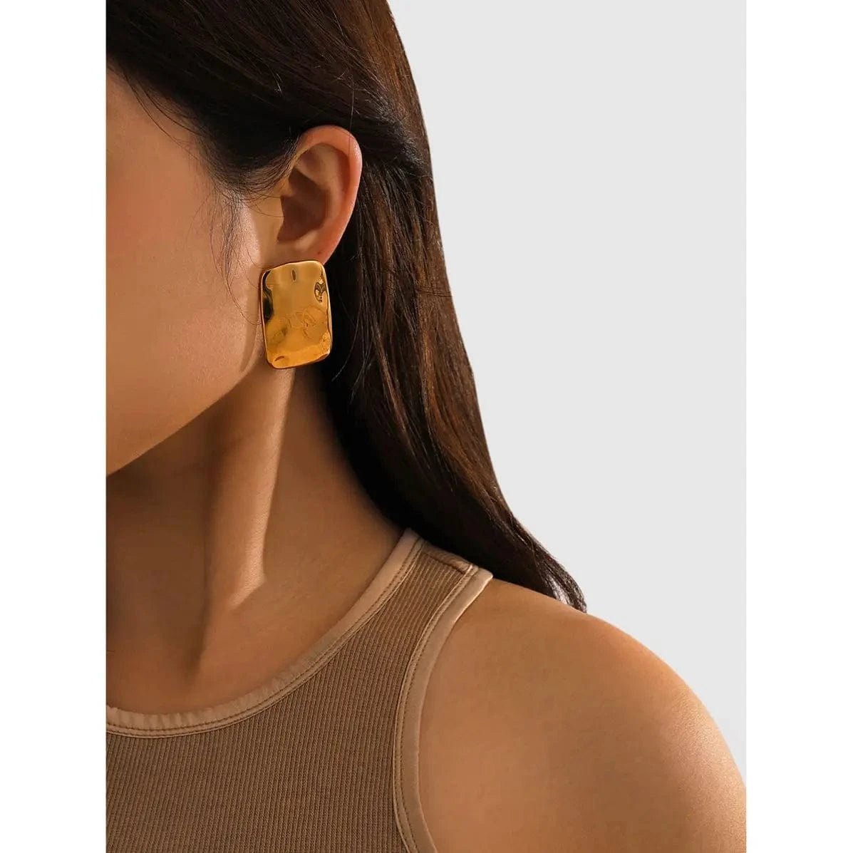 E2909 E2909 Jewelry High Polish 18K Gold Plated Stainless Steel Big Chunky Texture Square Hammer Stud Earring