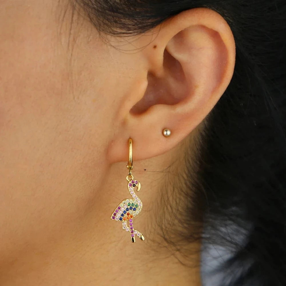 E688 Promotion Gold Plated Cute Bird Charm Lover Gift Fashion Women Jewelry Rainbow CZ Flamingo Dangle Drop Earring
