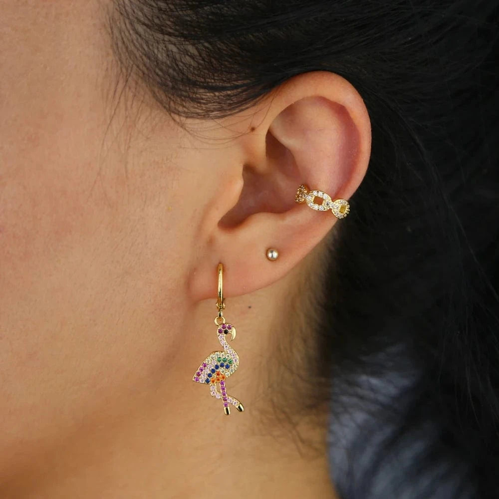 E688 Promotion Gold Plated Cute Bird Charm Lover Gift Fashion Women Jewelry Rainbow CZ Flamingo Dangle Drop Earring