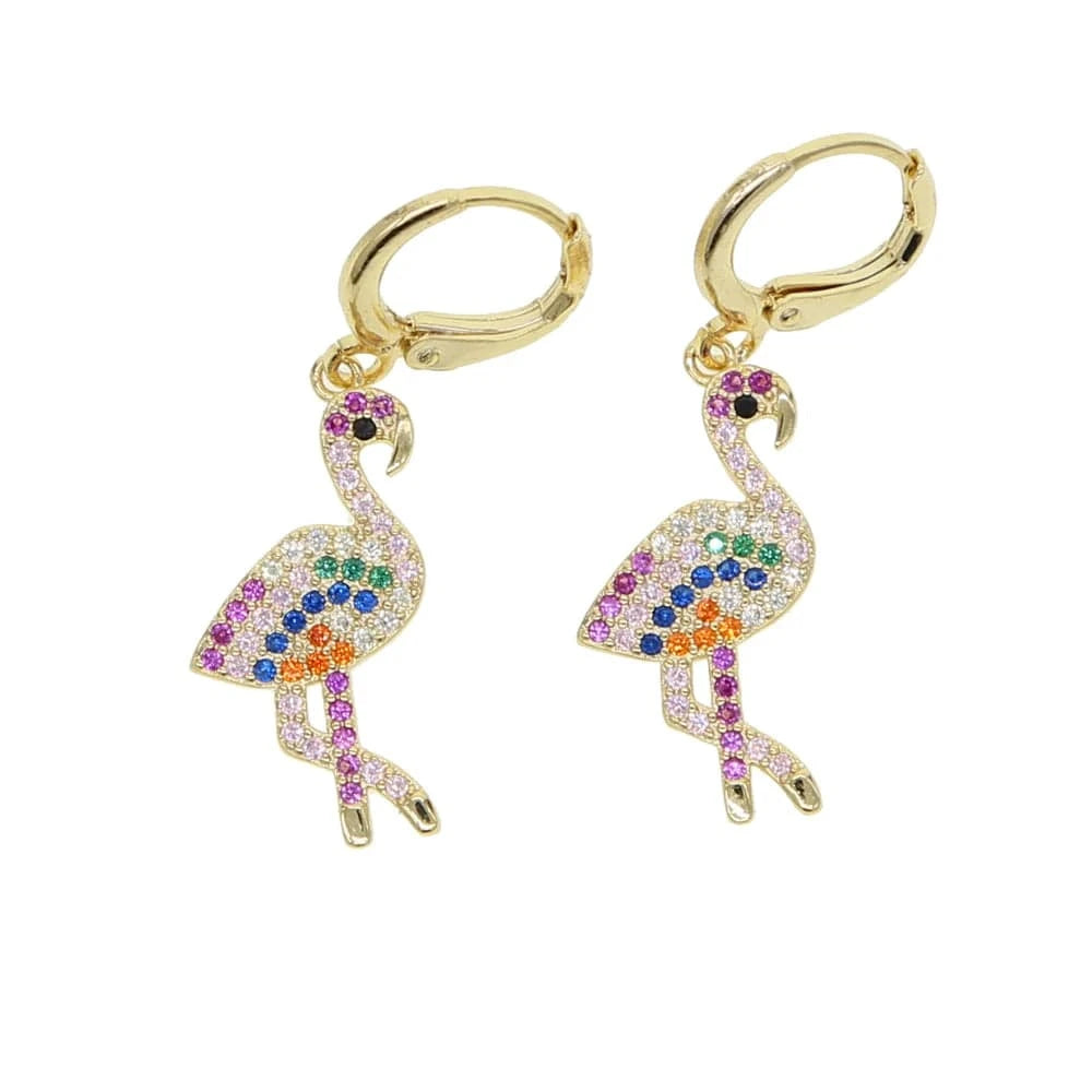 E688 Promotion Gold Plated Cute Bird Charm Lover Gift Fashion Women Jewelry Rainbow CZ Flamingo Dangle Drop Earring