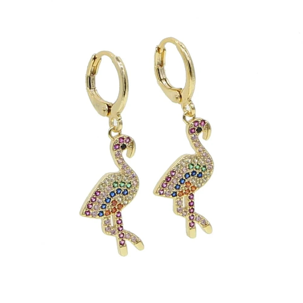E688 Promotion Gold Plated Cute Bird Charm Lover Gift Fashion Women Jewelry Rainbow CZ Flamingo Dangle Drop Earring