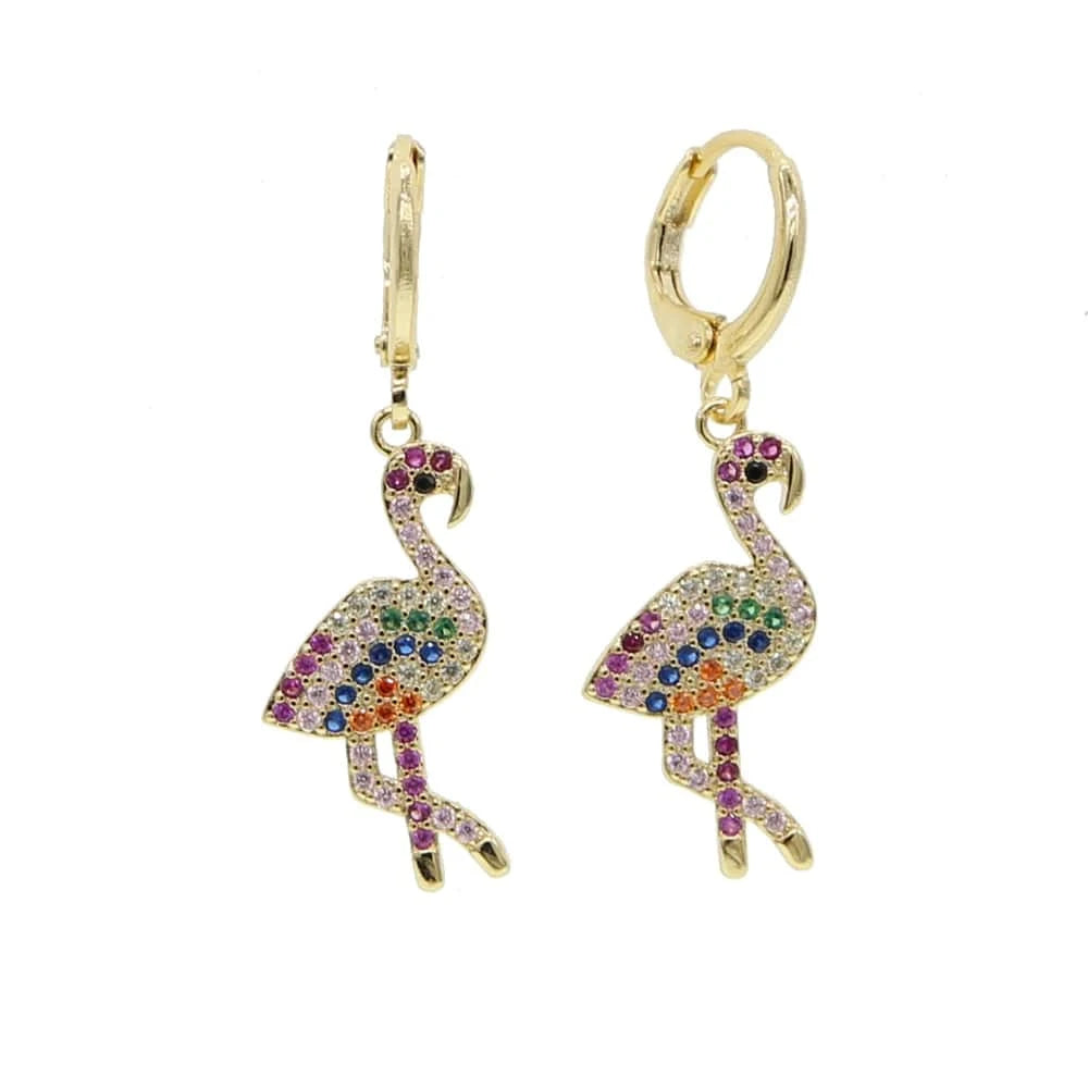 E688 Promotion Gold Plated Cute Bird Charm Lover Gift Fashion Women Jewelry Rainbow CZ Flamingo Dangle Drop Earring