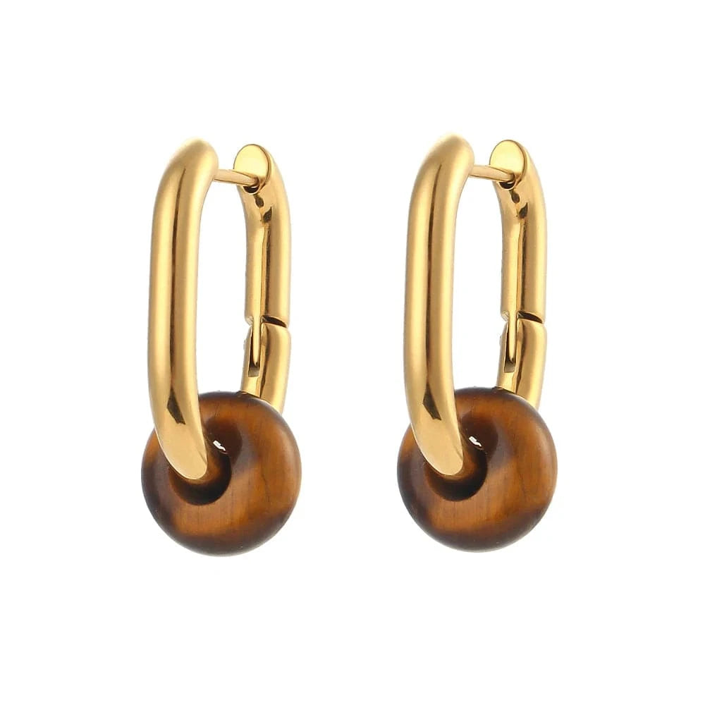 E6986_Brown Natural Stone Earrings Set Colorful Gemstone Statement Jewelry Set Gold Plated Stainless Steel Jewelry Set