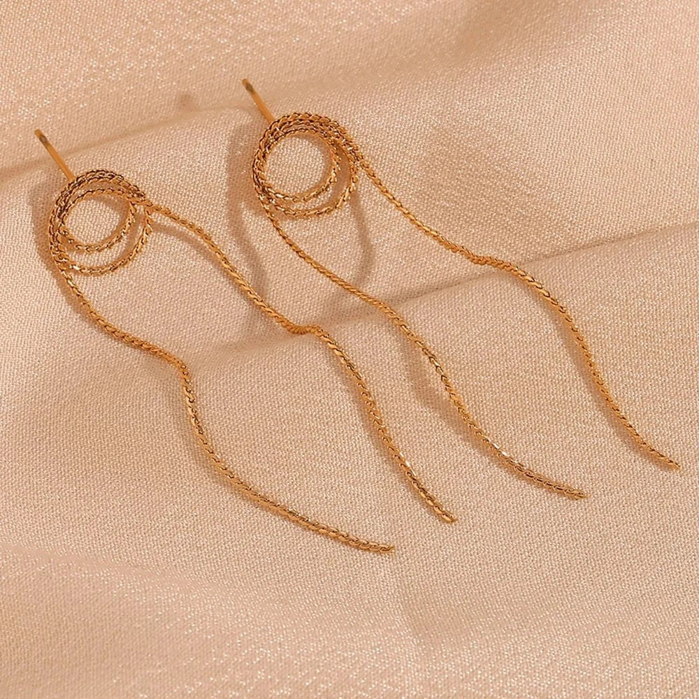E7417_Gold Minimalist Jewelry Gold Plated Tassel Earrings For Women Waterproof Tarnish Free Jewelry Stainless Steel Earrings