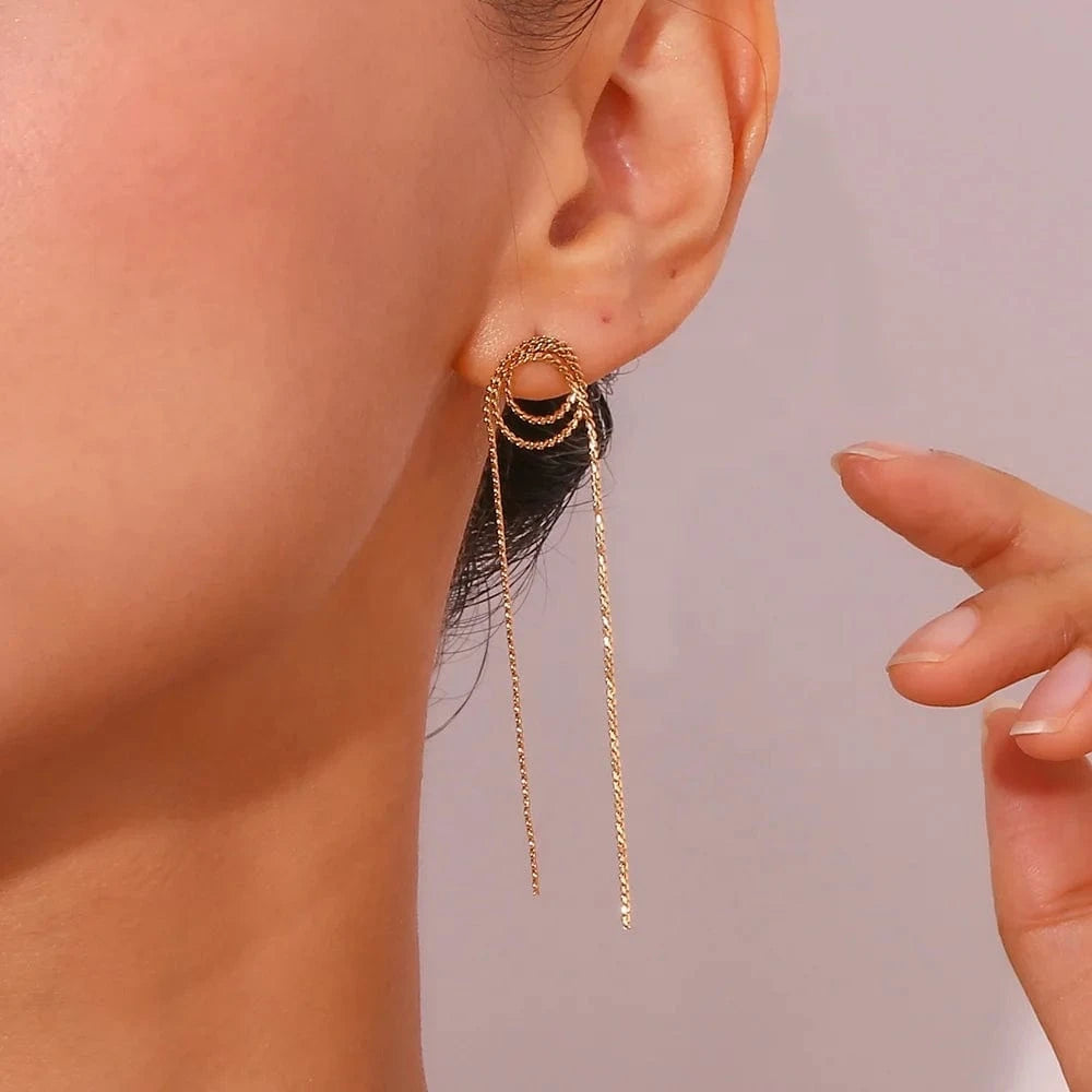 E7417_Gold Minimalist Jewelry Gold Plated Tassel Earrings For Women Waterproof Tarnish Free Jewelry Stainless Steel Earrings