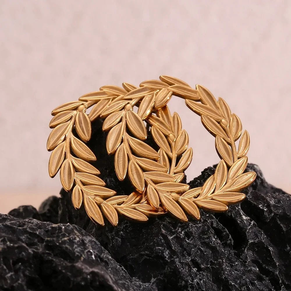 E7586_Gold Gold Plated Stud Earrings For Women Leaf Hoop Stainless Steel Jewelry Waterproof Women Jewelry